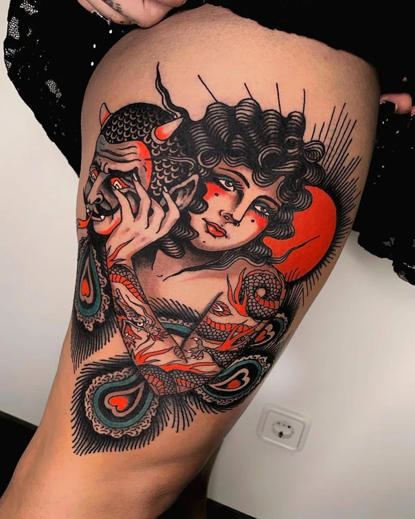 Neo Traditional Devil, Woman tattoo on Thigh