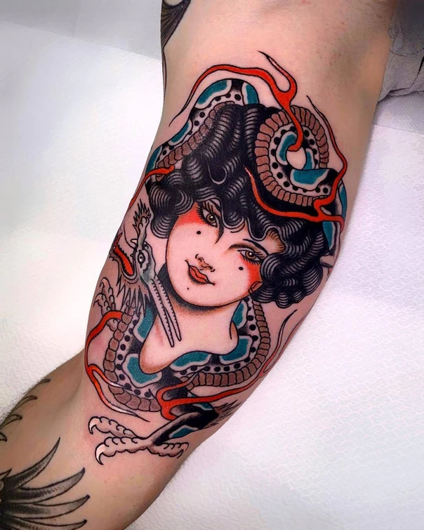 Traditional Woman, Dragon tattoo on Forearm