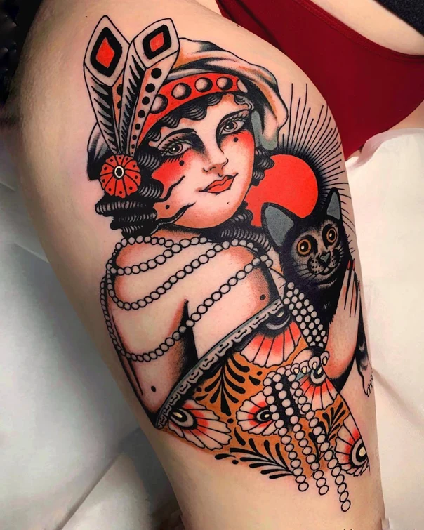 Traditional Woman, Cat tattoo on Thigh
