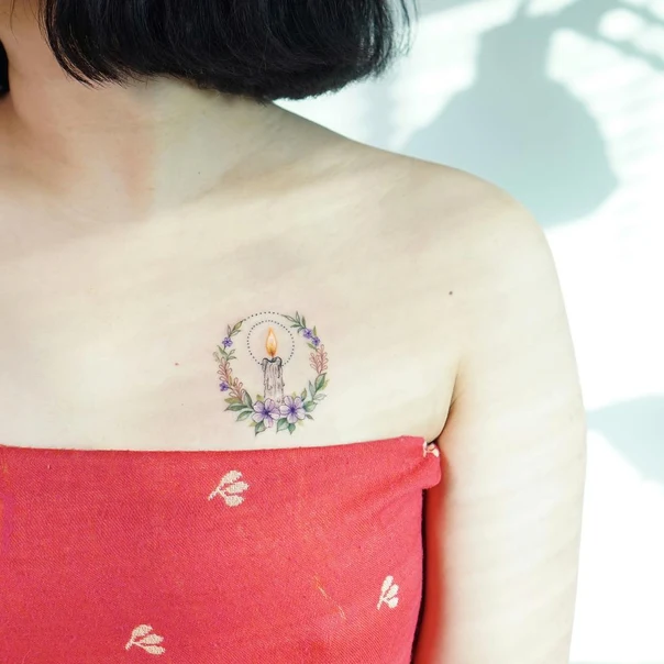 Watercolor Candle, Floral tattoo on Chest