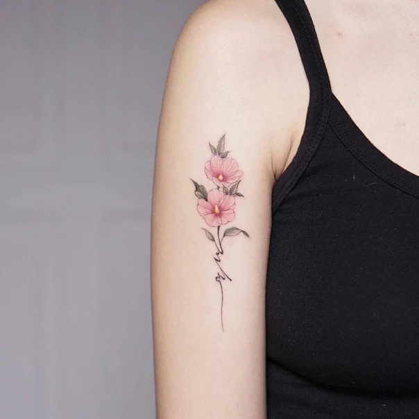 Fineline Flower, Lettering tattoo on Upper Arm