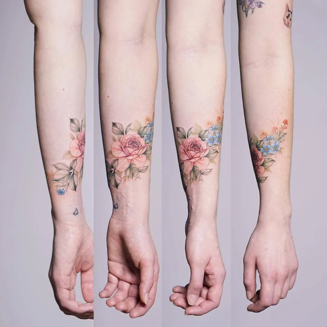 Artista de tatuagem Silo, tatuagem de flores suaves do autor, água cor, tatuagem para meninas | Coreia
