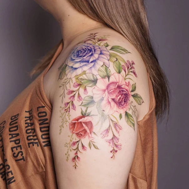 Watercolor Flowers, Roses tattoo on Shoulder