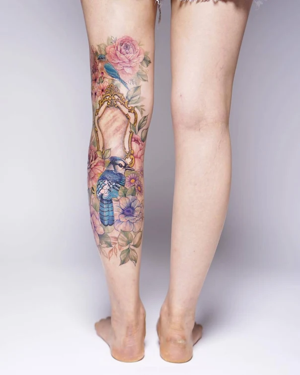 Watercolor Birds, Flowers tattoo on Calf