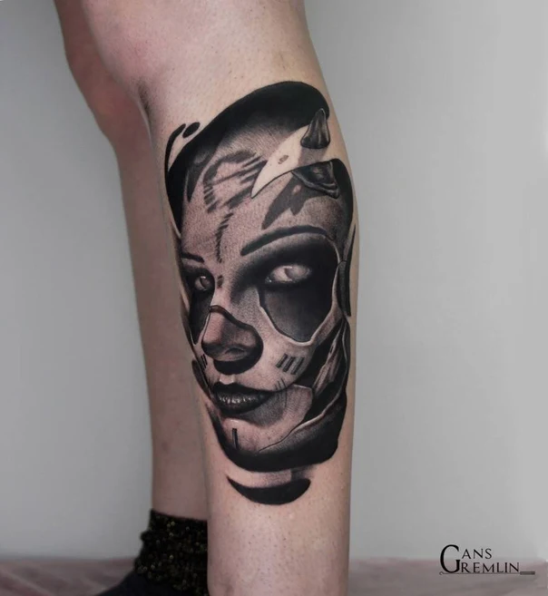 Realism Skull, Face tattoo on Calf