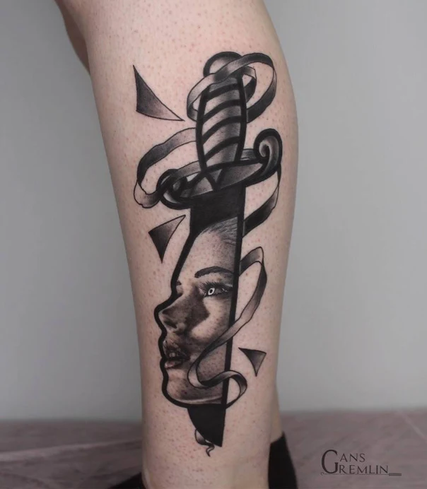 Black & Grey Sword, Face tattoo on Calf
