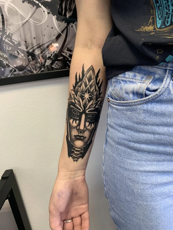 Blackwork Face, Geometric tattoo on Forearm