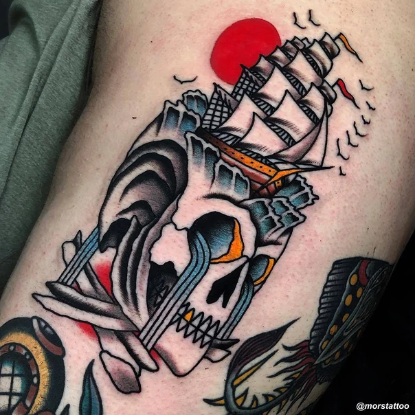 Neo Traditional Skull, Ship tattoo on Thigh