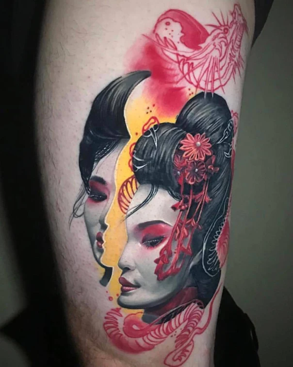 Realism Geisha, Dragon tattoo on Thigh