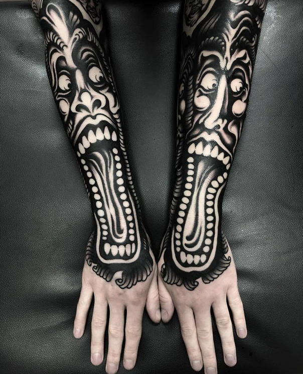 Blackwork Face, Monster tattoo on Full Sleeve