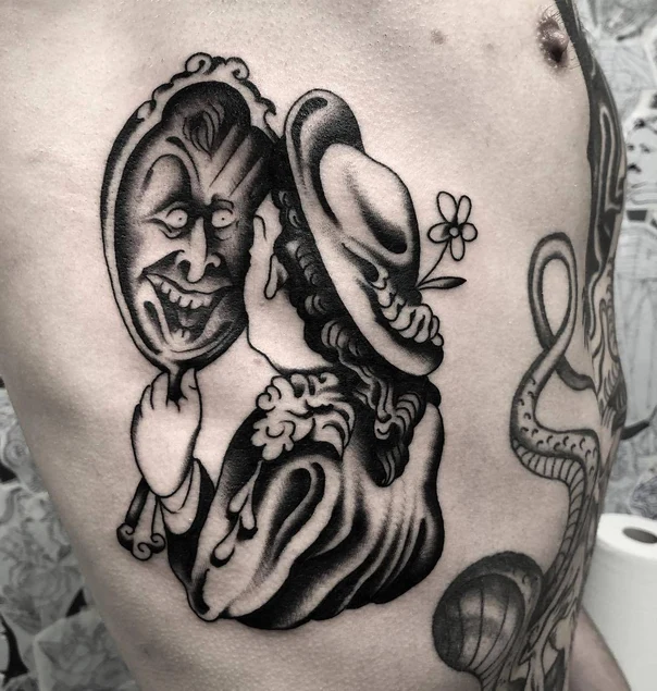 Blackwork Mirror, Face tattoo on Chest