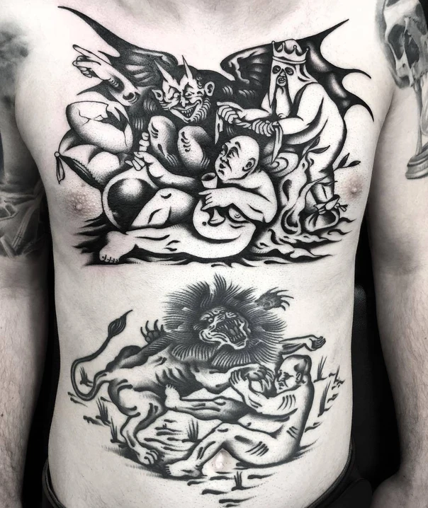 Blackwork Demon, Lion tattoo on Chest