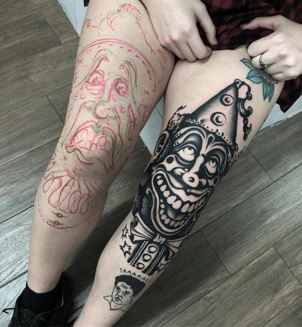 Blackwork Clown, Face tattoo on Thigh