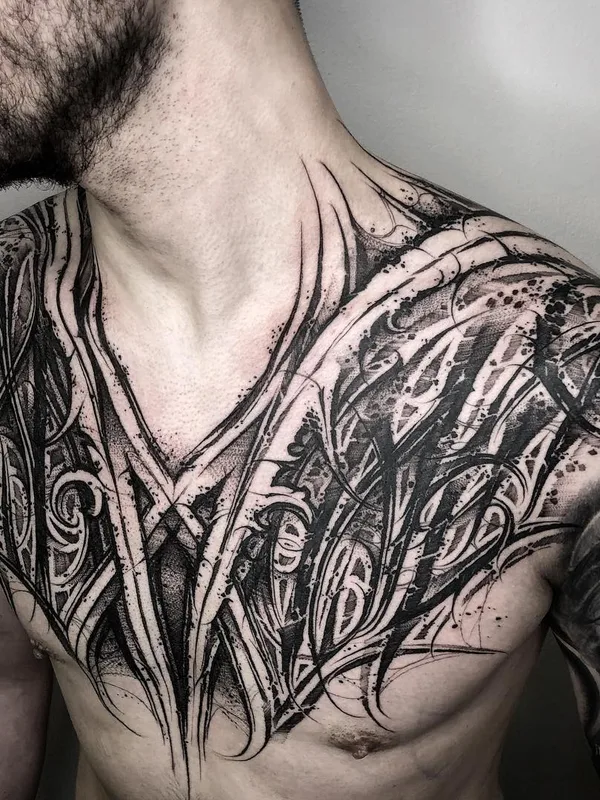 men black ornamental, lettering, blackwork 타투 부위 chest, collarbone #29957 | 타투이스트 Станислав Громов