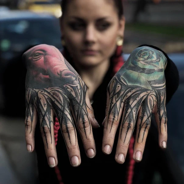 Illustrative Pig, Rose tattoo on Hand