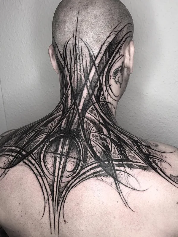 men black ornamental, lettering, blackwork 타투 부위 heck, head #29961 | 타투이스트 Станислав Громов