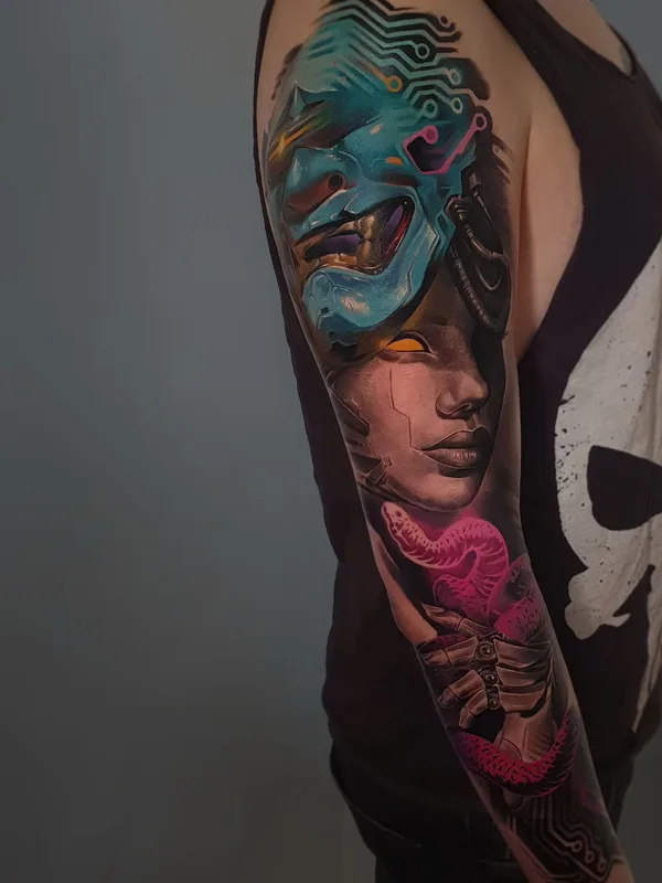 color cyber татуировка на full sleeve #35608 | Тату мастер Кирилл Лисиченко