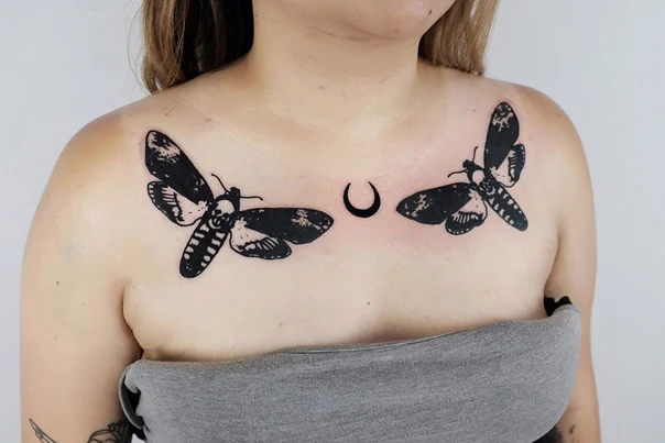 Blackwork Moth, Moon tattoo on Chest