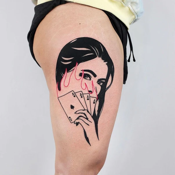 Blackwork Woman, Playing cards tattoo on Thigh