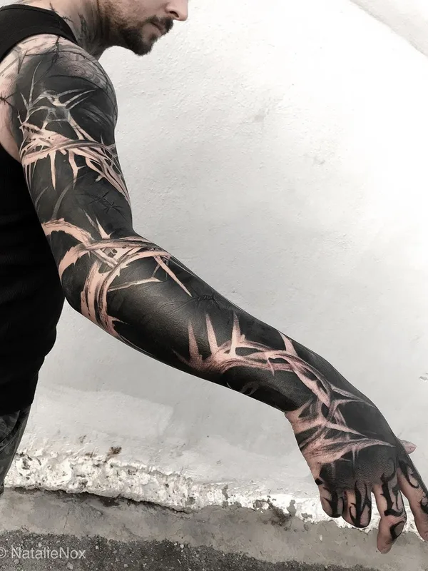 male black blackout tatouage sur full sleeve #35724 | Artiste tatoueur Natalie Mickahlo Nox