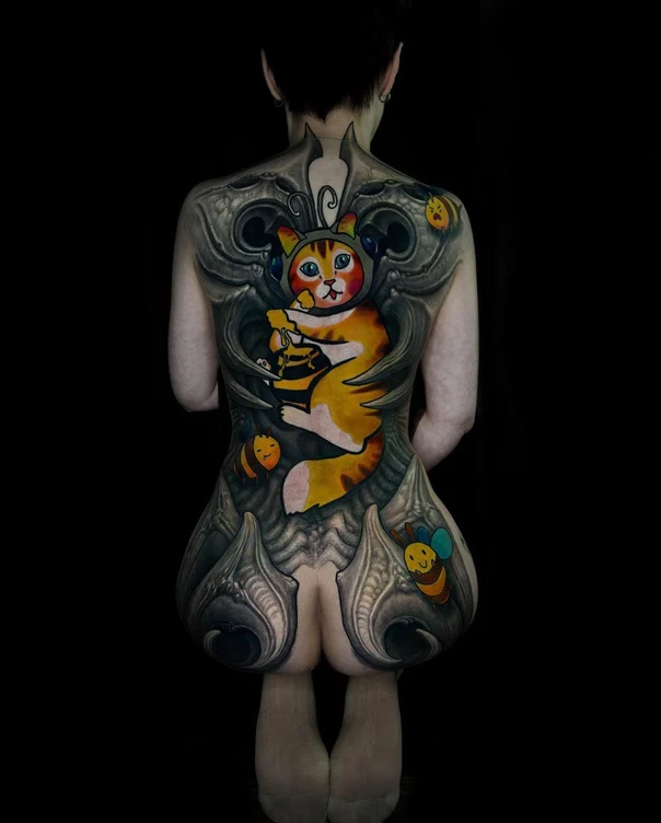 Biomechanical Cat, Bees tattoo on Full Back