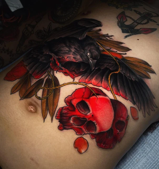Neo Traditional Crow, Skull tattoo on Chest