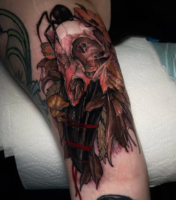Illustrative Skull, Spider tattoo on Forearm