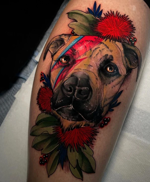 Realism Dog, Flowers tattoo on Calf