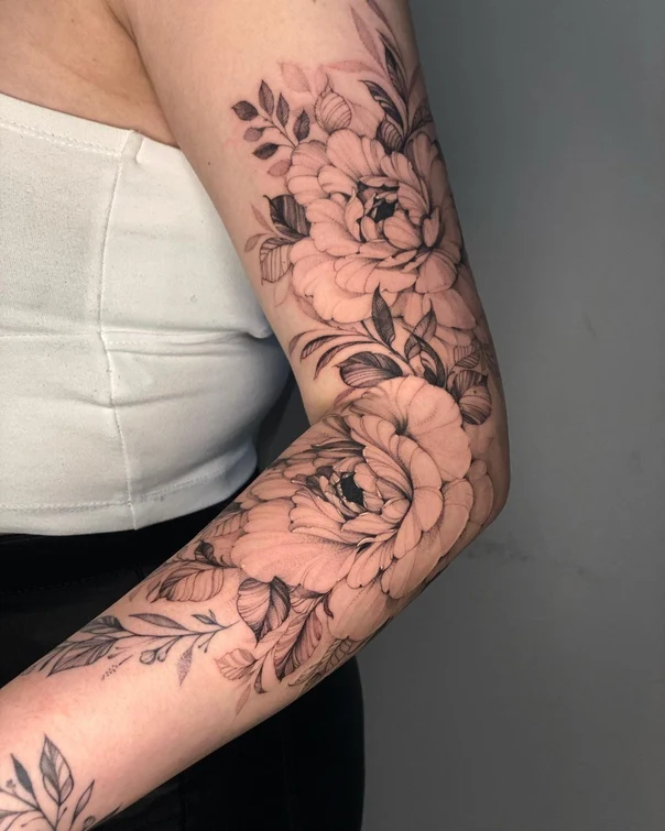 Fineline Flower, Leaves tattoo on Forearm