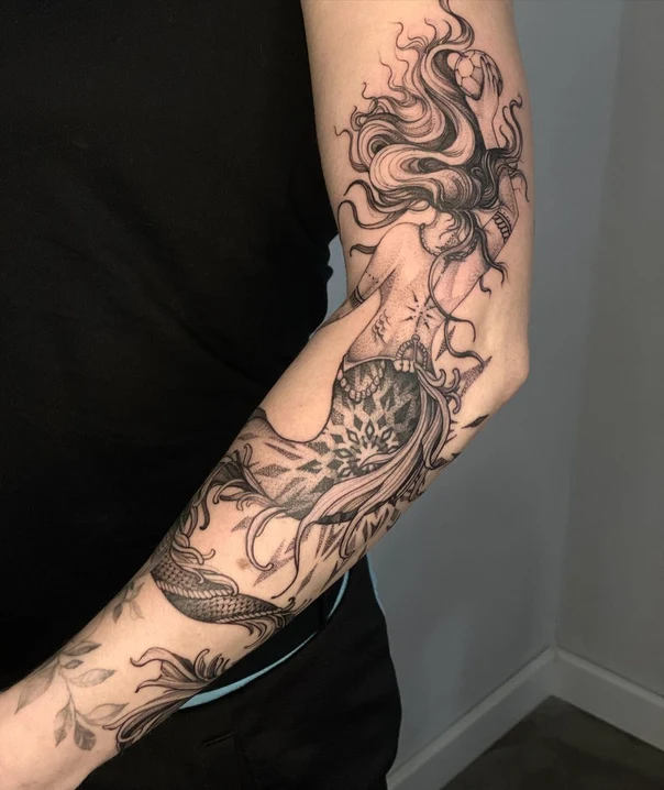 Blackwork Mermaid, Ornamental tattoo on Forearm