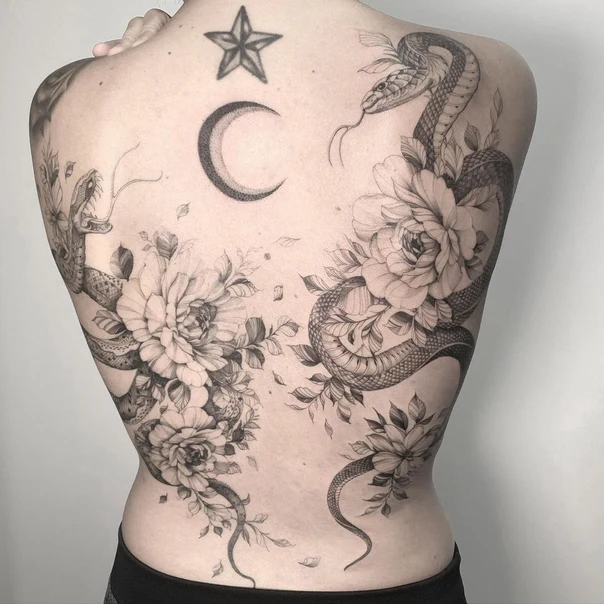 Blackwork Snake, Flower tattoo on Full Back