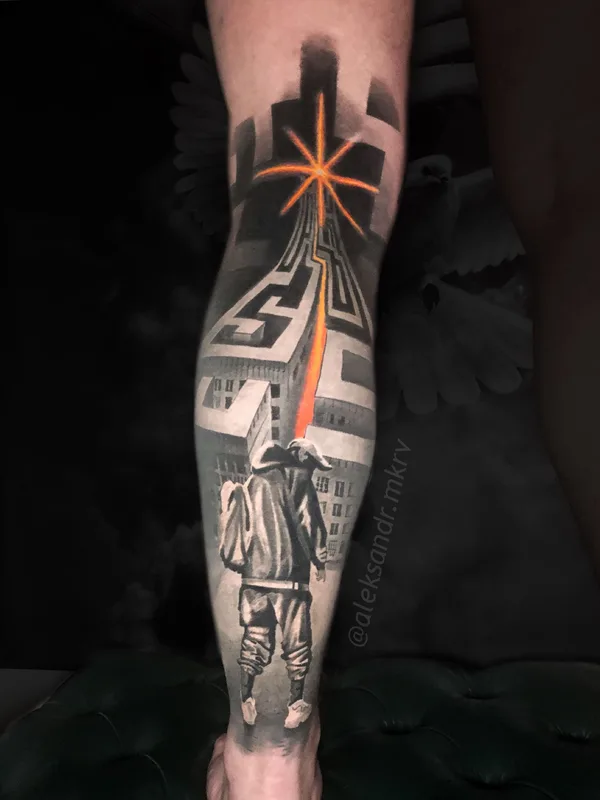 black and grey realism 타투 부위 calf #39297 | 타투이스트 Aleksandr Makarov