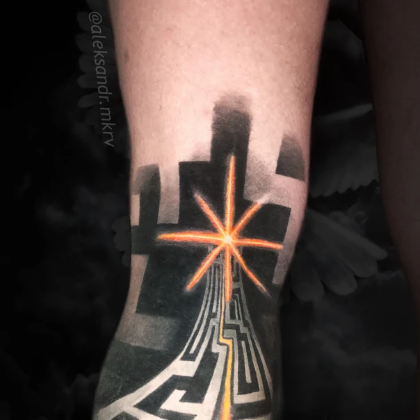 Geometric Star, Maze tattoo on Knee