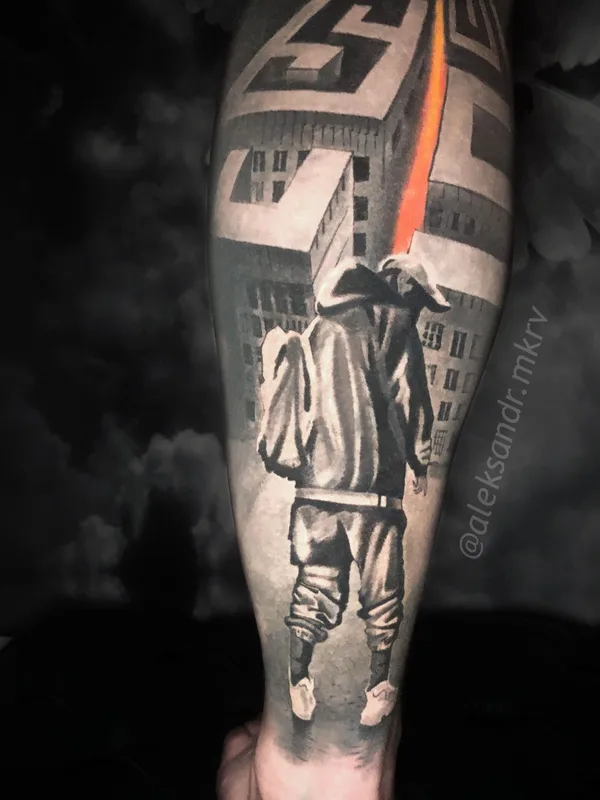black and grey black and grey 타투 부위 calf #39299 | 타투이스트 Aleksandr Makarov