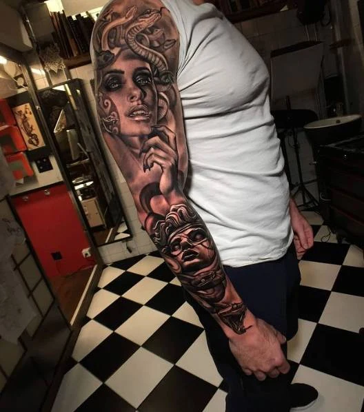 Black & Grey Medusa, Snake tattoo on Full Sleeve