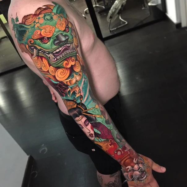 Japanese Foo dog, Geisha tattoo on Full Sleeve
