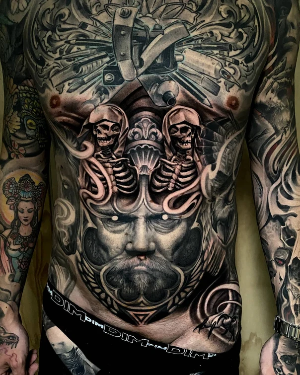 Black & Grey Skeleton, Face tattoo on Chest