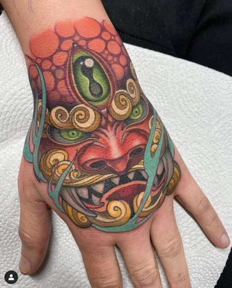 Japanese Demon, Mask tattoo on Hand