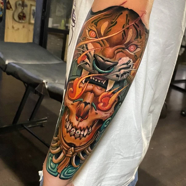 Japanese Tiger, Skull tattoo on Forearm