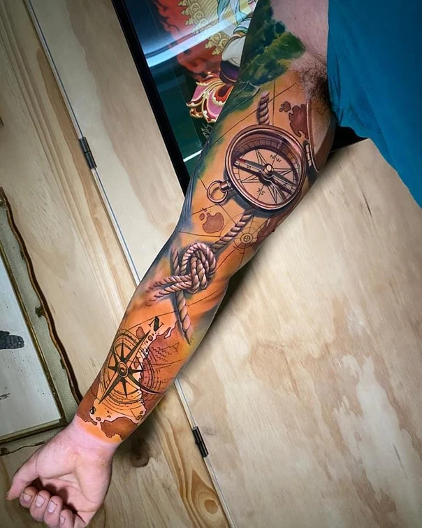 Realism Compass, Rope tattoo on Full Sleeve