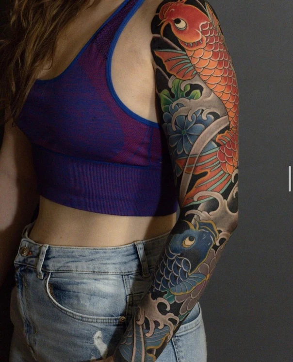 Japanese Koi, Waves tattoo on Full Sleeve