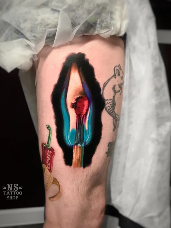 color illustrative tattoo on thigh #39345 | Tattoo Artist Руслан Мифтахов