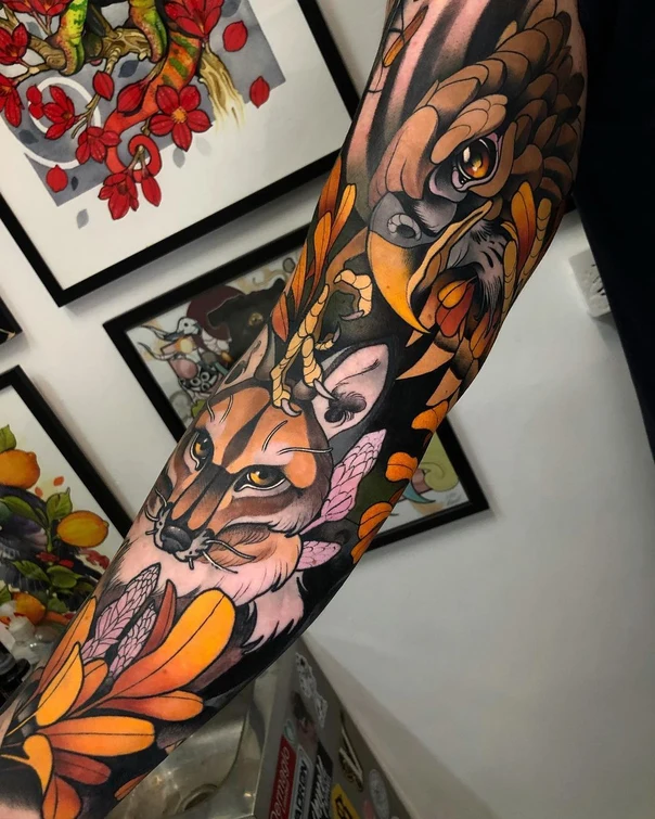 Neo Traditional Owl, Lynx tattoo on Full Sleeve