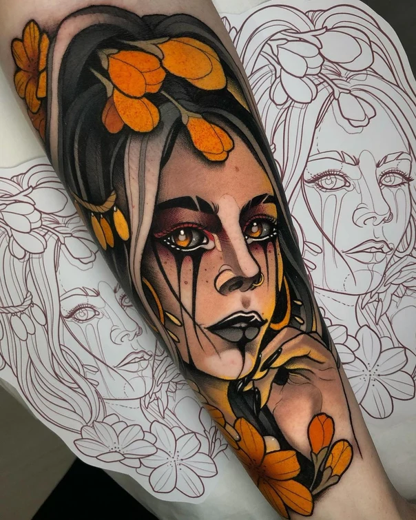 Illustrative Portrait, Flowers tattoo on Forearm