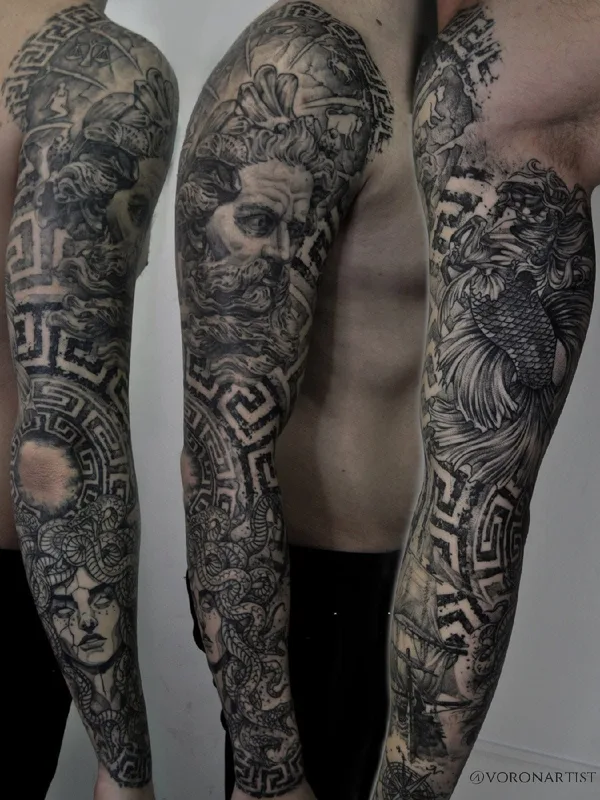 male black and grey black and grey татуировка на full sleeve #39411 | Тату мастер Павел Ворон
