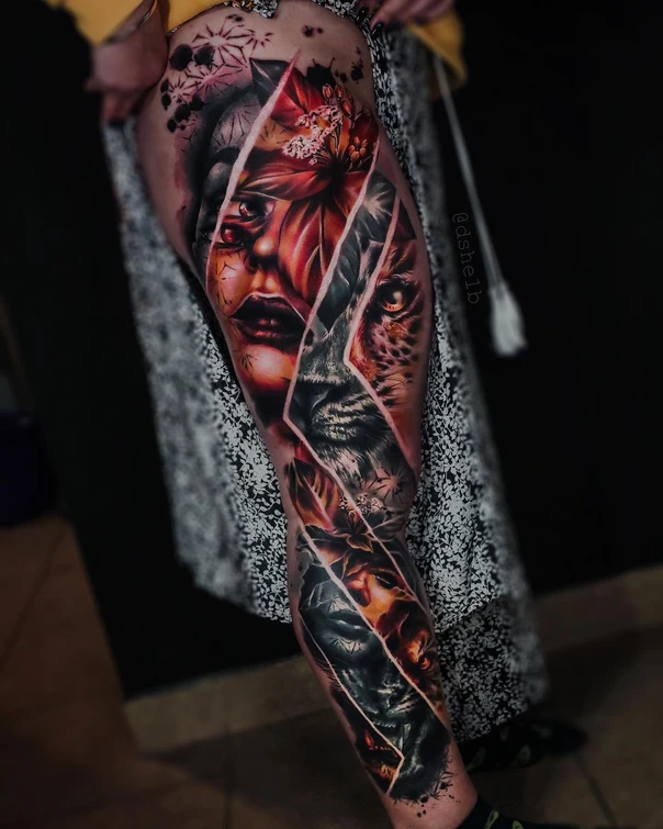 Реализм Face, Flower tattoo на Бедро