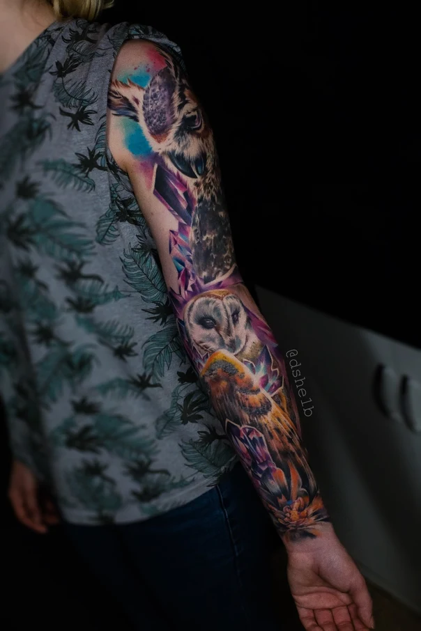 Реализм Owl, Crystals tattoo на Полный рукав