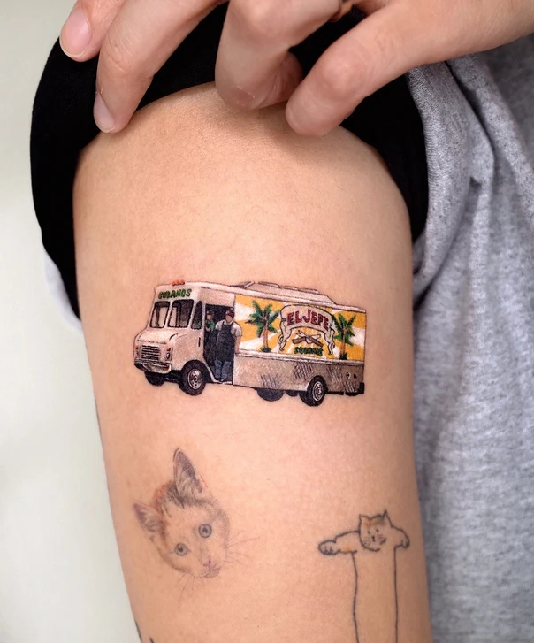 Illustrative Food truck, Cat tattoo on Upper Arm