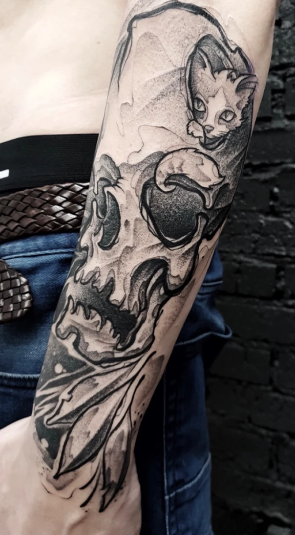 Скетч / Набросочная Skull, Cat tattoo на Предплечье
