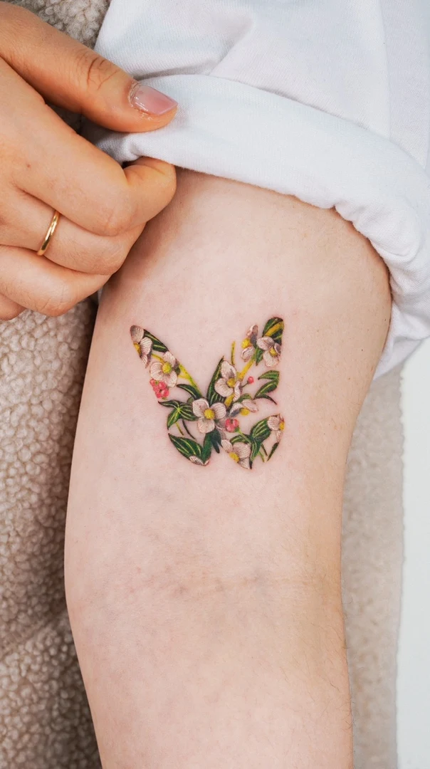 Botanic Butterfly, Flowers tattoo on Thigh